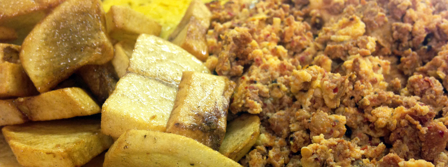 Cafe Leon shredded-beef machaca, chorizo and fried potatoes breakfast