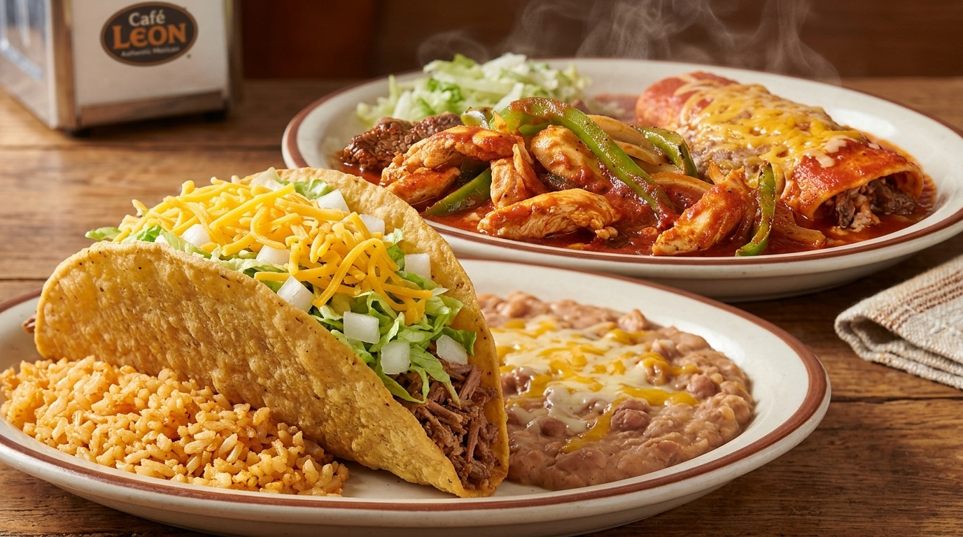 Cafe Leon crispy shredded-beef taco, Spanish rice, refried beans, and ranchero combination plate